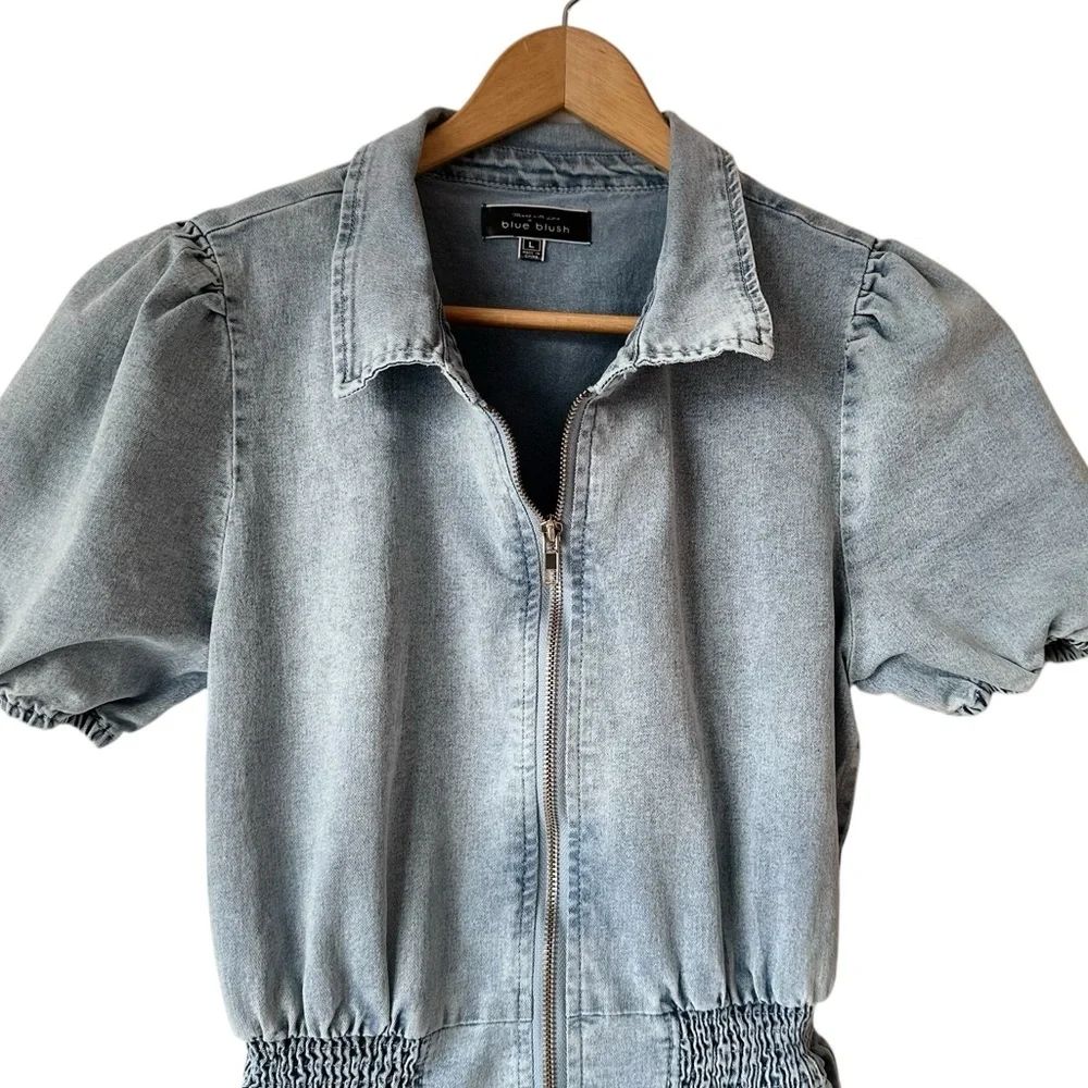 Blue Blush Cotton Blend Faux Denim Balloon Sleeve Dress - Picture 5 of 16